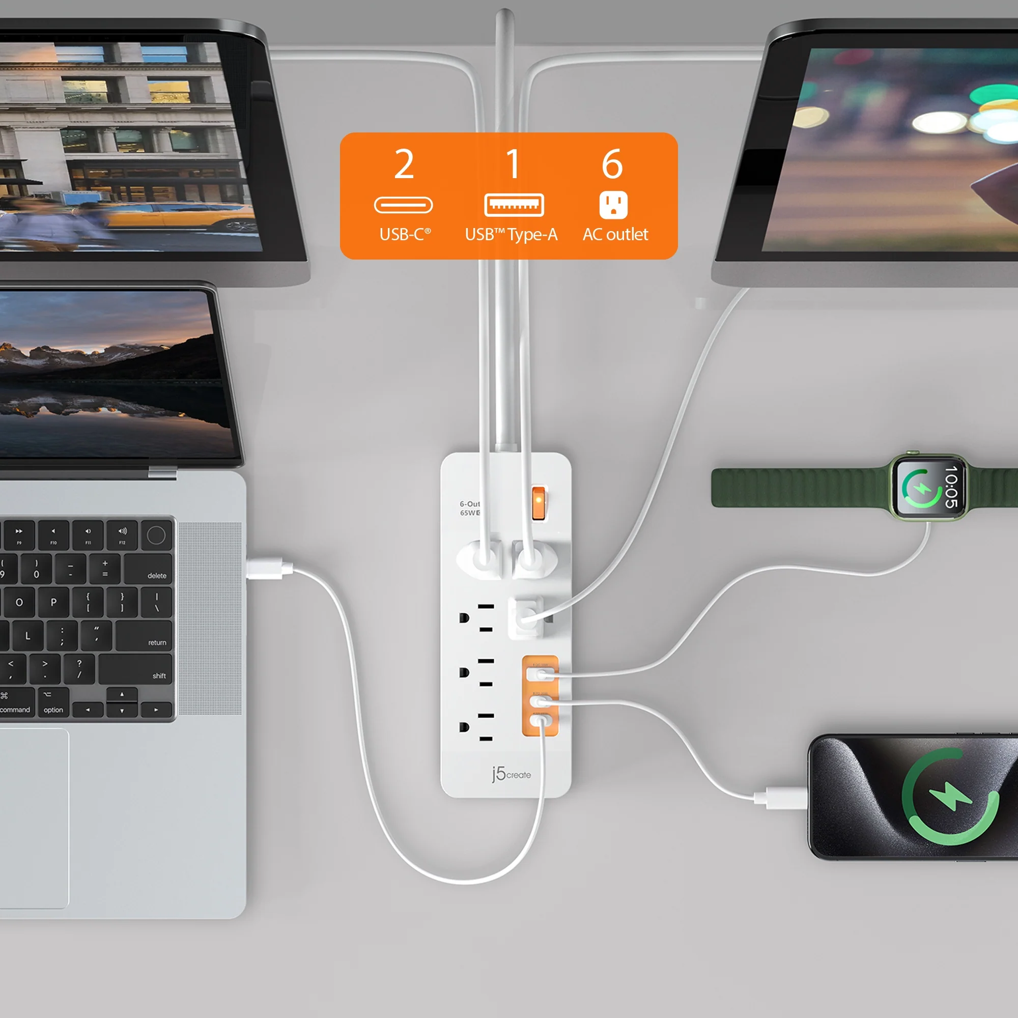 6-Outlet Surge Protector Power Strip with 3-USB™ 65W Charging Station - Image 3