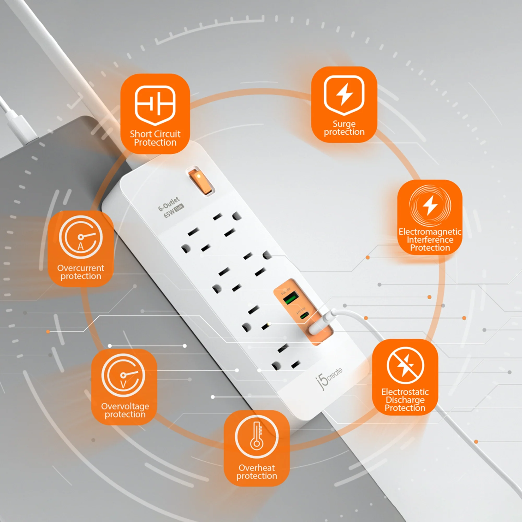 6-Outlet Surge Protector Power Strip with 3-USB™ 65W Charging Station - Image 4