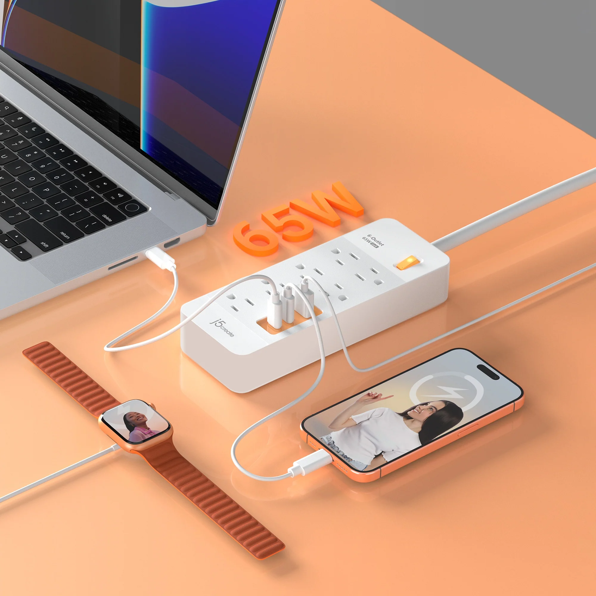 6-Outlet Surge Protector Power Strip with 3-USB™ 65W Charging Station - Image 6