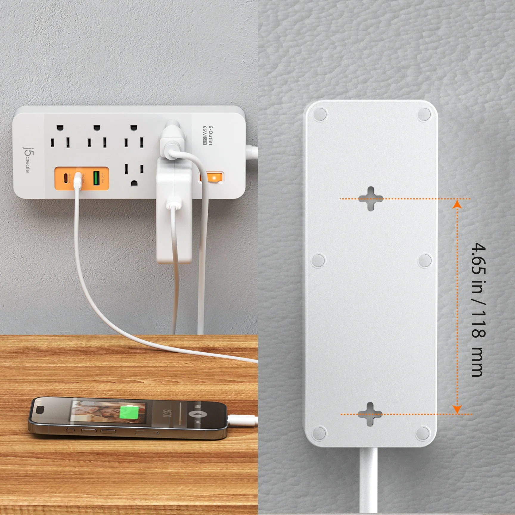 6-Outlet Surge Protector Power Strip with 3-USB™ 65W Charging Station - Image 8
